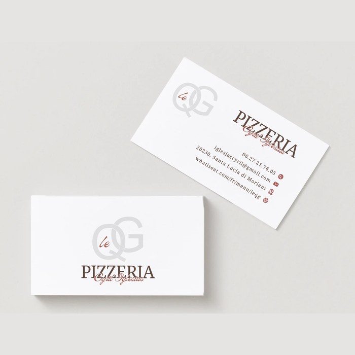 Cartes de visite de la pizzeria Le QG, recto et verso