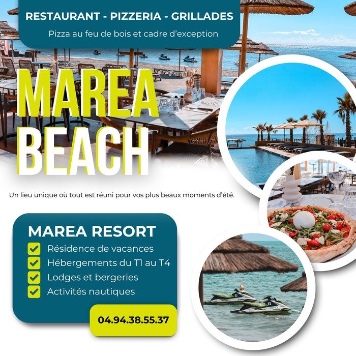Panneau publicitaire du restaurant Marea Beach : plage, piscine, pizza et activités nautiques