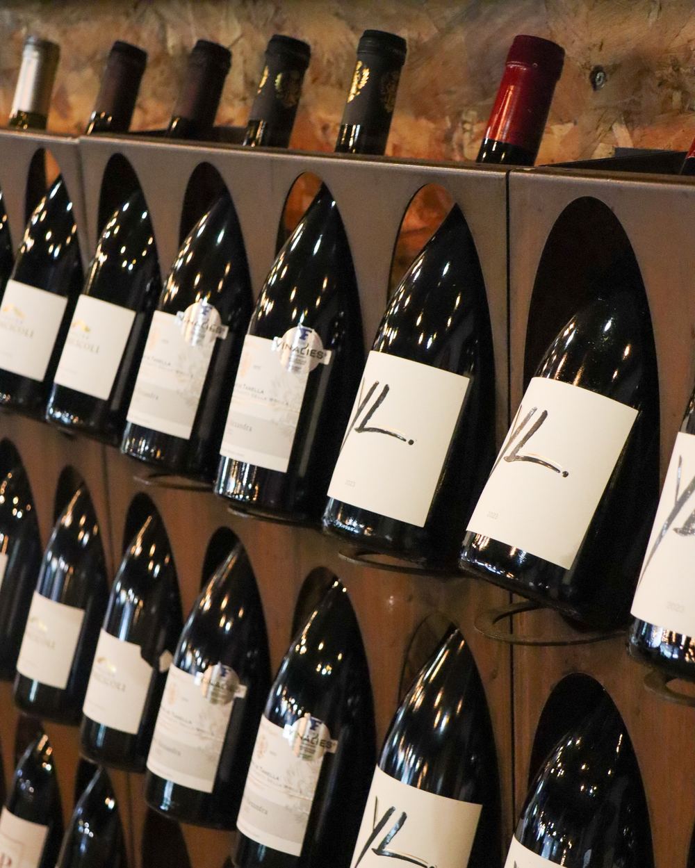 Bouteilles de vin corse alignées dans une cave