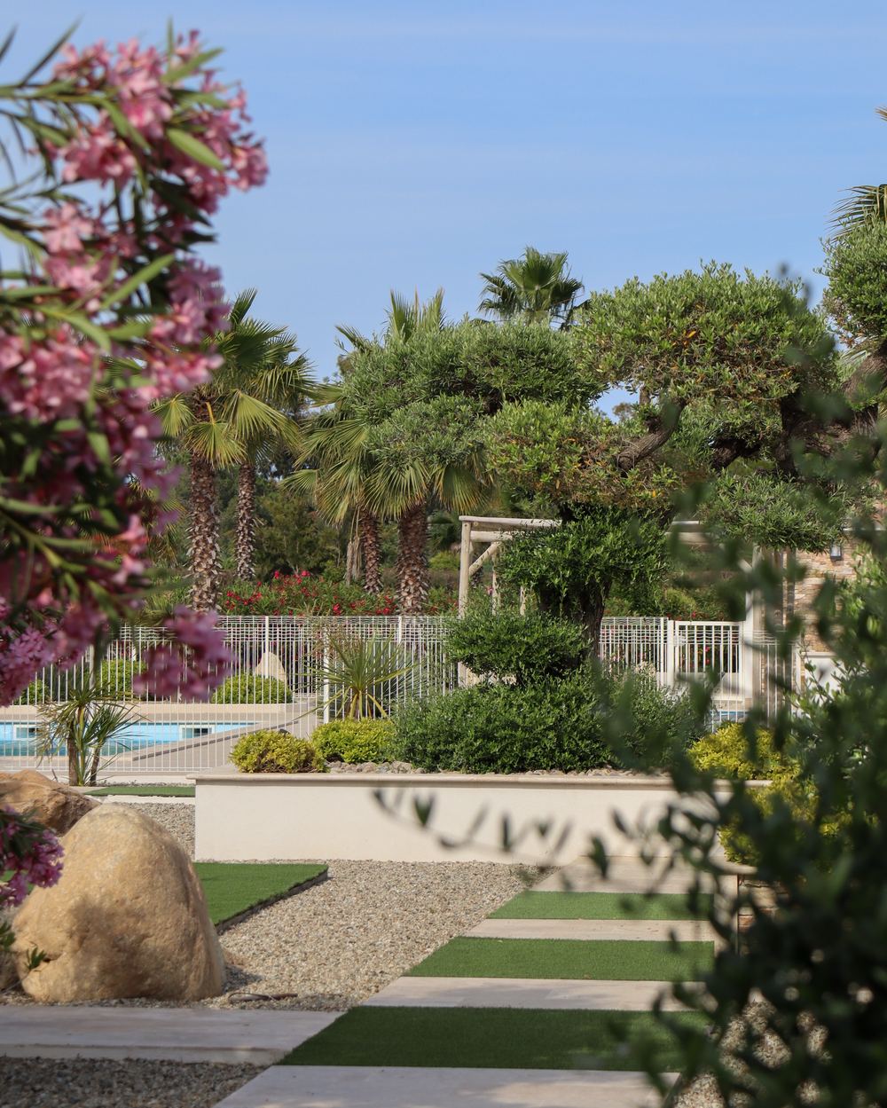 Jardin méditerranéen, oliviers et piscine