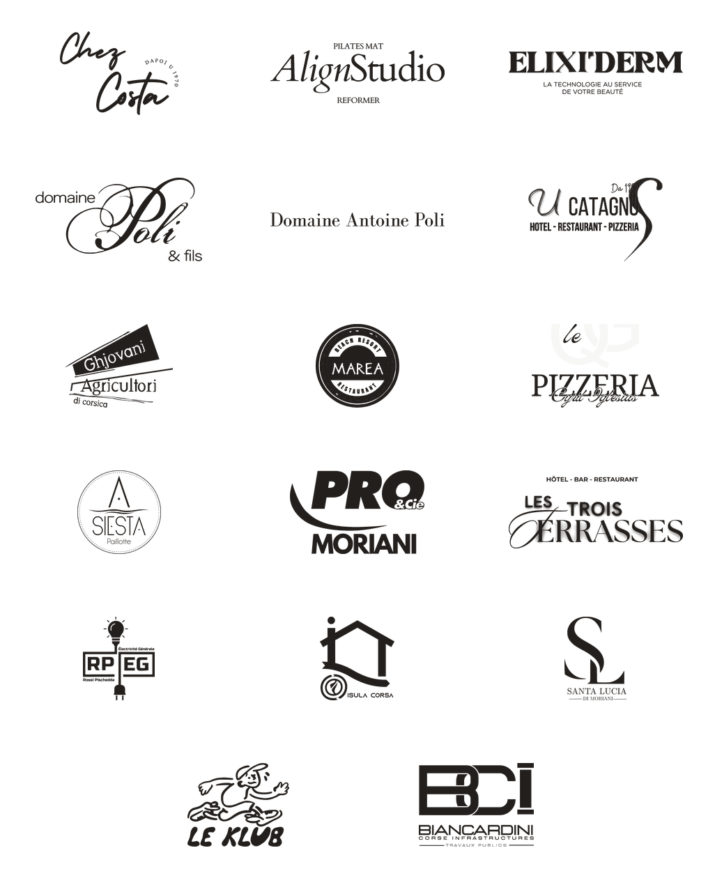 Logos des clients : Chez Costa, Align Studio, Elixiderm, Domaine Poli & fils, Domaine Antoine Poli, U Catagnu, Ghjovani Agricultori di Corsica, Marea, Pizzeria le QG, Siesta Paillote, Pro & Cie Moriani, Les Trois Terrasses, RPEG, Isula Corsa, Santa Lucia di Moriani, Le Klub, Biancardini Corse Infrastructures
